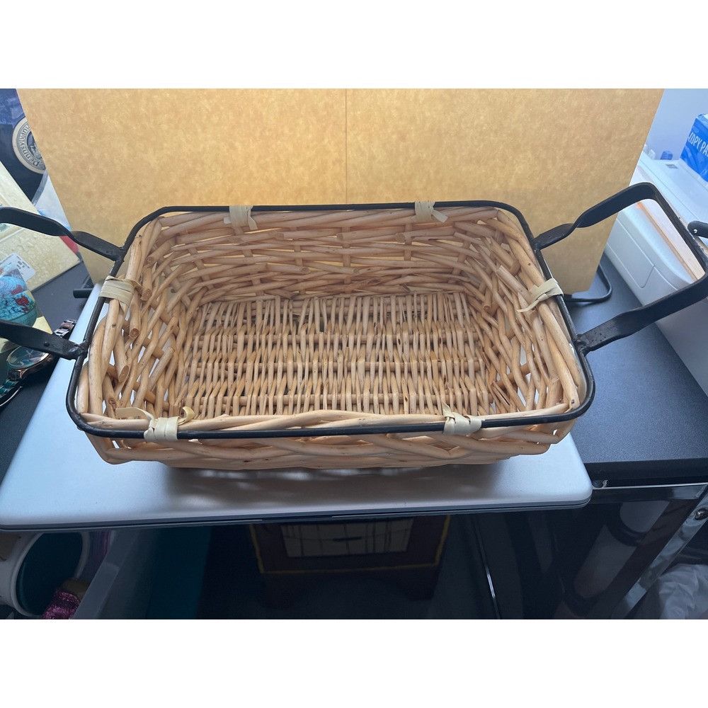 Natural Wicker Rectangular Basket with Black Metal Frame and Side Handles